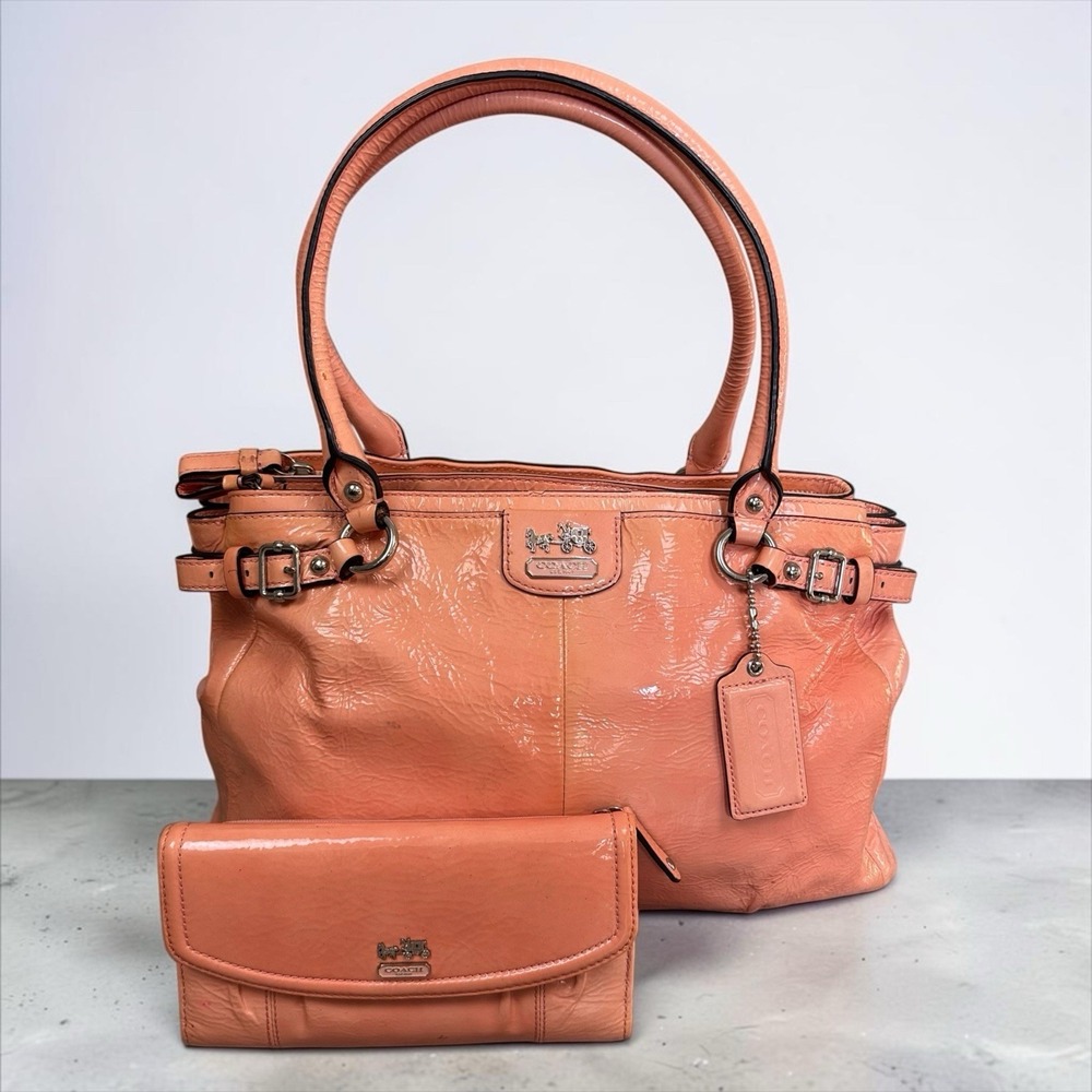 Coach Kara 22265 Coral Orange Patent Leather Tote Bag Handbag and Wallet Set
